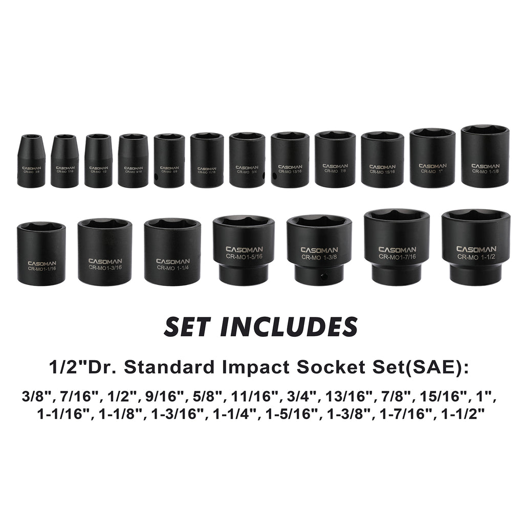 CASOMAN 19 Piece 1/2-Inch Drive Standard Impact Socket Set, SAE, Shallow, 3/8" to 1-1/2", Cr-Mo Alloy Steel, Radius Corner Design, Impact Grade