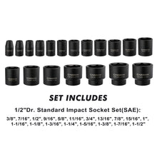 Load image into Gallery viewer, CASOMAN 19 Piece 1/2-Inch Drive Standard Impact Socket Set, SAE, Shallow, 3/8" to 1-1/2", Cr-Mo Alloy Steel, Radius Corner Design, Impact Grade