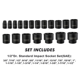 CASOMAN 19 Piece 1/2-Inch Drive Standard Impact Socket Set, SAE, Shallow, 3/8