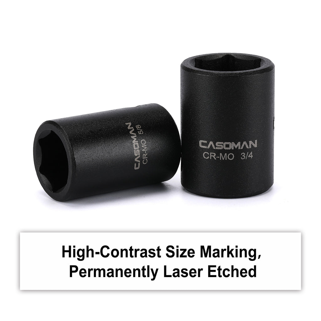 CASOMAN 19 Piece 1/2-Inch Drive Standard Impact Socket Set, SAE, Shallow, 3/8" to 1-1/2", Cr-Mo Alloy Steel, Radius Corner Design, Impact Grade