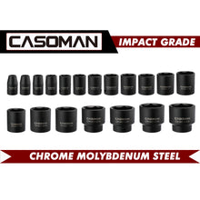 Load image into Gallery viewer, CASOMAN 19 Piece 1/2-Inch Drive Standard Impact Socket Set, SAE, Shallow, 3/8" to 1-1/2", Cr-Mo Alloy Steel, Radius Corner Design, Impact Grade