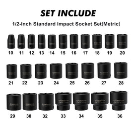 CASOMAN 26 Piece 1/2 Inch Drive Impact Socket Set,Metric,Shallow,10mm to 36mm, Cr-Mo Alloy Steel, Radius Corner Design, Impact Grade