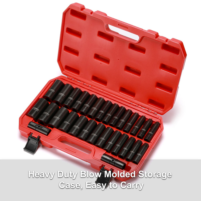 CASOMAN 1/2-Inch 29 Pieces Deep Impact Socket Set, CR-MO, Metric & SAE, Include Flip Lug Nut Socket,Fit 19mm,21mm,3/4",13/16",Heavy Duty Storage Case
