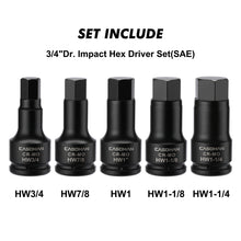 Load image into Gallery viewer, CASOMAN 3/4 Inch Drive Impact Hex Driver Set, 5-Pieces, SAE, 3/4", 7/8", 1", 1-1/8", 1-1/4", 3/4" Drive Master Impact Hex Bit Set, CR-MO, Impact Grade, One-Piece Construction