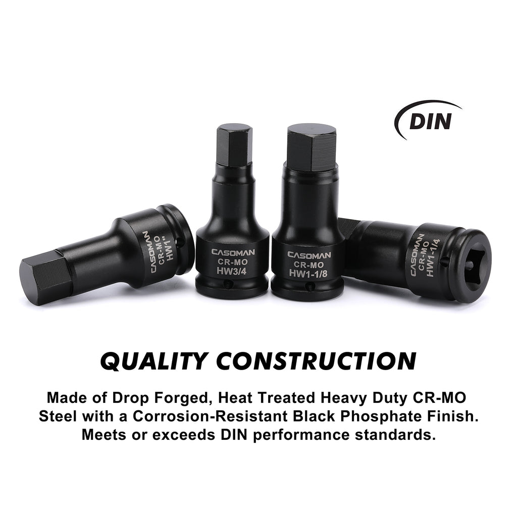 CASOMAN 3/4 Inch Drive Impact Hex Driver Set, 5-Pieces, SAE, 3/4", 7/8", 1", 1-1/8", 1-1/4", 3/4" Drive Master Impact Hex Bit Set, CR-MO, Impact Grade, One-Piece Construction
