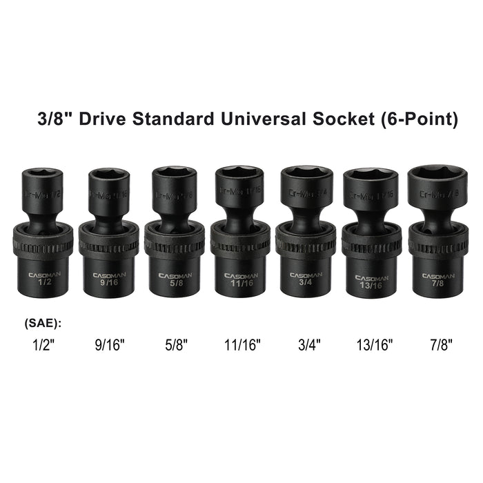 CASOMAN 1/2-Inch Drive Standard Universal Impact Socket Set, SAE, 7 Pieces Set, 1/2-Inch to 7/8-Inch, 6-Point, Cr-Mo, Impact Grade
