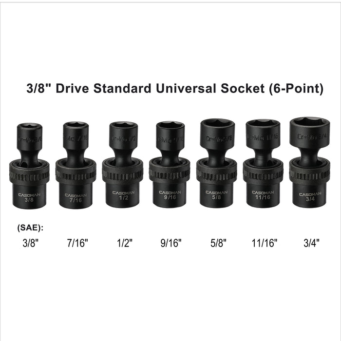 CASOMAN 3/8-Inch Drive Standard Universal Impact Socket Set, SAE, 7 Pieces Set, 3/8-Inch to 3/4-Inch, 6-Point, Cr-Mo, Impact Grade