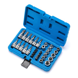 CASOMAN 34 Pieces 3/8-Inch Drive Torx Bit Socket and E-Torx (Star) Socket Set, Cr-V E Socket Set E4-20, S2 Torx Bit Socket Set T10-60, Tamper Proof Torx Bit Set TT10-TT55, 5/16