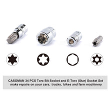 Load image into Gallery viewer, CASOMAN 34 Pieces 3/8-Inch Drive Torx Bit Socket and E-Torx (Star) Socket Set, Cr-V E Socket Set E4-20, S2 Torx Bit Socket Set T10-60, Tamper Proof Torx Bit Set TT10-TT55, 5/16"F to 3/8"M adapter
