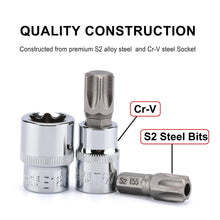 Load image into Gallery viewer, CASOMAN 34 Pieces 3/8-Inch Drive Torx Bit Socket and E-Torx (Star) Socket Set, Cr-V E Socket Set E4-20, S2 Torx Bit Socket Set T10-60, Tamper Proof Torx Bit Set TT10-TT55, 5/16"F to 3/8"M adapter