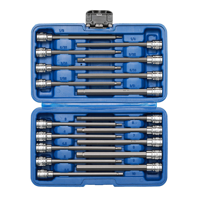 CASOMAN 18 Pieces 3/8 Inch Drive Long Hex Bit Socket Set,1/8 Inch to 3/8 Inch, 3mm to 10mm, SAE&Metric, Extra Long Allen Hex Bit Socket Set, CR-V and S2 Steel