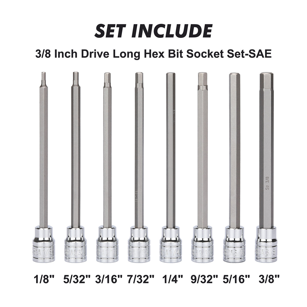 CASOMAN 18 Pieces 3/8 Inch Drive Long Hex Bit Socket Set,1/8 Inch to 3/8 Inch, 3mm to 10mm, SAE&Metric, Extra Long Allen Hex Bit Socket Set, CR-V and S2 Steel
