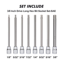 Load image into Gallery viewer, CASOMAN 18 Pieces 3/8 Inch Drive Long Hex Bit Socket Set,1/8 Inch to 3/8 Inch, 3mm to 10mm, SAE&amp;Metric, Extra Long Allen Hex Bit Socket Set, CR-V and S2 Steel