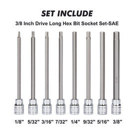 CASOMAN 18 Pieces 3/8 Inch Drive Long Hex Bit Socket Set,1/8 Inch to 3/8 Inch, 3mm to 10mm, SAE&Metric, Extra Long Allen Hex Bit Socket Set, CR-V and S2 Steel