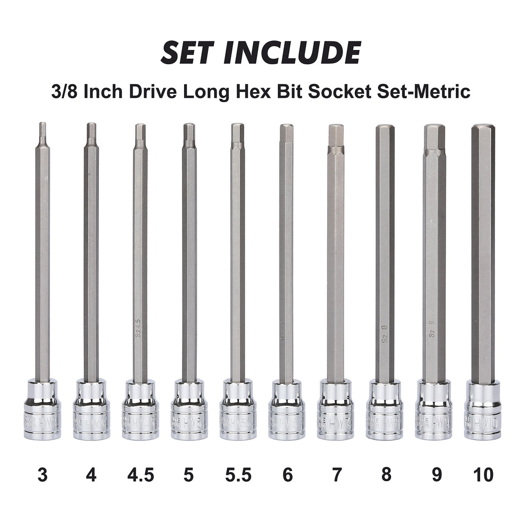 CASOMAN 18 Pieces 3/8 Inch Drive Long Hex Bit Socket Set,1/8 Inch to 3/8 Inch, 3mm to 10mm, SAE&Metric, Extra Long Allen Hex Bit Socket Set, CR-V and S2 Steel