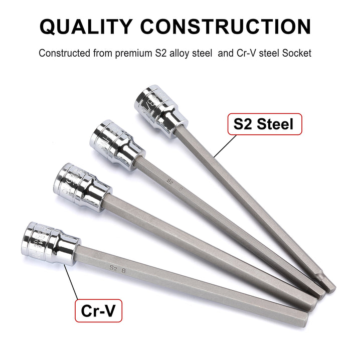 20PC Extra-Long Allen Hex Bit Socket Set - 3/8" Drive SAE & Metric | CR-V & S2 Steel