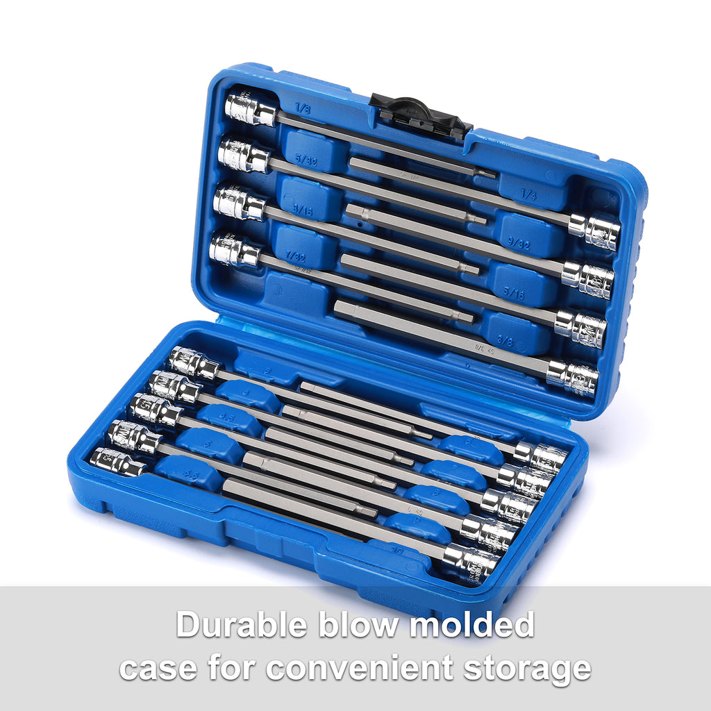 CASOMAN 18 Pieces 3/8 Inch Drive Long Hex Bit Socket Set,1/8 Inch to 3/8 Inch, 3mm to 10mm, SAE&Metric, Extra Long Allen Hex Bit Socket Set, CR-V and S2 Steel