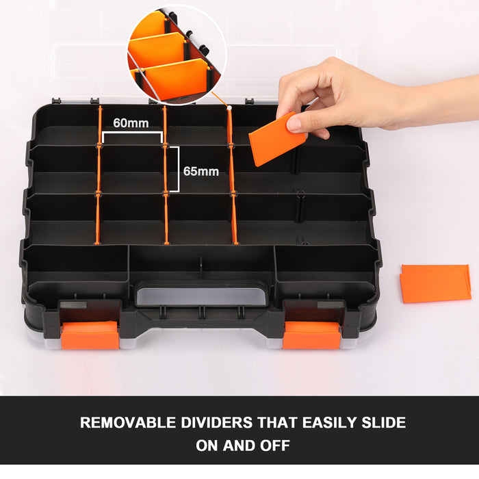 CASOMAN Double Side Tool Organizer, with Impact Resistant Polymer and Customizable Removable Plastic Dividers, Hardware Box Storage, Excellent for Screws,Nuts,Small Parts, Black/Orange. 2-Pieces Pack