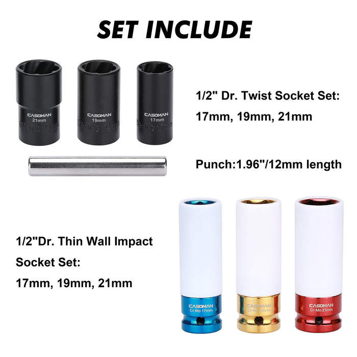 CASOMAN 7 Pieces 1/2"Dr. Twist Socket & Thin Wall Deep Wheel Protector Impact Socket Set, 17mm, 19mm, 21mm, CR-MO