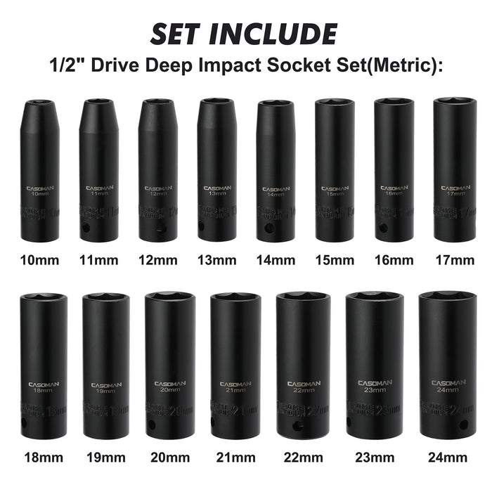 CASOMAN 18PCS 1/2" Drive Impact Socket Set, Deep, Cr-V Steel, Metric, 10mm-24mm, Includes Extension Bars:3-inch, 5-inch, 10-inch