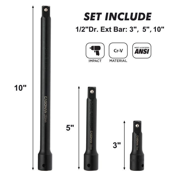 CASOMAN 18PCS 1/2" Drive Impact Socket Set, Deep, Cr-V Steel, Metric, 10mm-24mm, Includes Extension Bars:3-inch, 5-inch, 10-inch