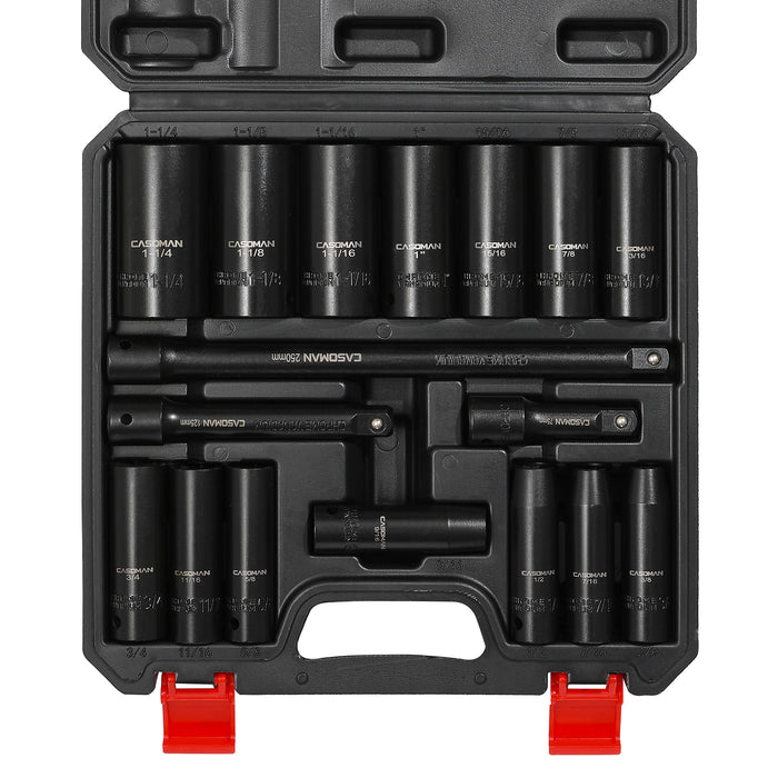 CASOMAN 17PCS 1/2" Drive Impact Socket Set, Deep, Cr-V Steel, SAE, 3/8-inch-1-1/4-inch , Includes Extension Bars:3-inch, 5-inch, 10-inch
