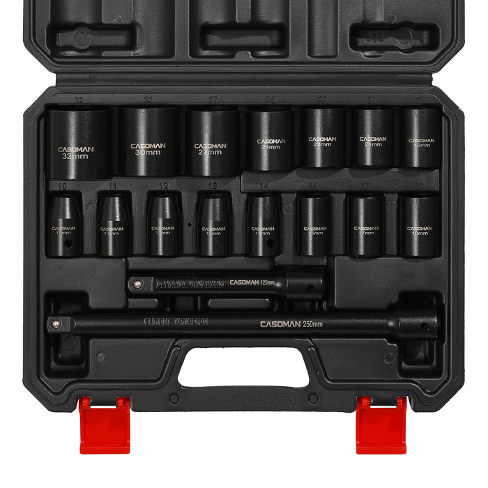 CASOMAN 17PCS 1/2" Drive Impact Socket Set, Shallow, Cr-V Steel, Metric, 10mm-32mm, Includes Extension Bars: 5-inch, 10-inch