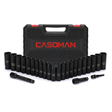 Load image into Gallery viewer, CASOMAN 25PCS 1/2" Drive Impact Socket Set, Deep, Cr-V Steel, 6 Point, Metric&amp;SAE, 12mm to 24mm, 3/8 Inch to 1 Inch, Includes Extension Bars: 3-inch, 5-inch, 1/2-1/4 adapter