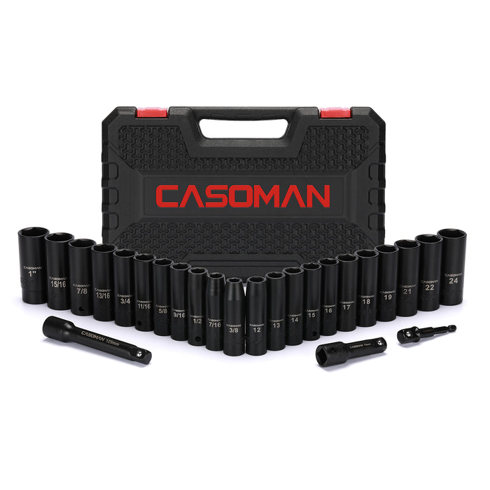 CASOMAN 25PCS 1/2" Drive Impact Socket Set, Deep, Cr-V Steel, 6 Point, Metric&SAE, 12mm to 24mm, 3/8 Inch to 1 Inch, Includes Extension Bars: 3-inch, 5-inch, 1/2-1/4 adapter