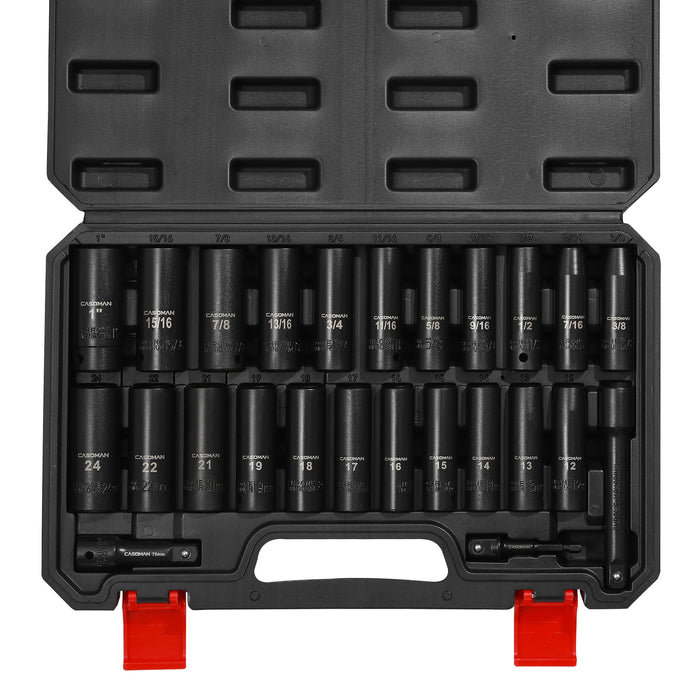 SEKETMAN 29-Piece 1/2 Inch Drive Impact Socket Set - SAE & Metric (3/8" To 1", 10mm To 24mm), Cr-V Steel