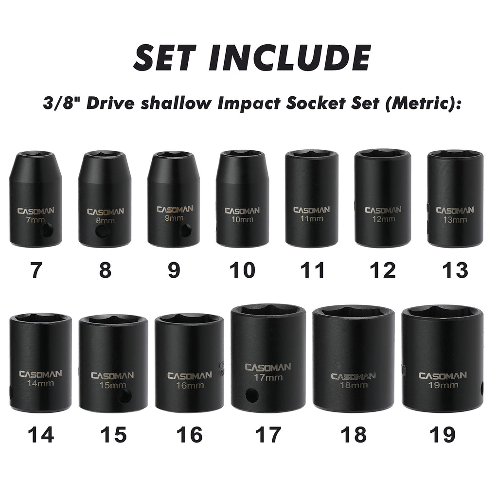 CASOMAM 13 Pieces 3/8-Inch Drive Impact Socket Set, 6-Point, Metric, Shallow, CR-V, 7mm to 19mm, Heavy Duty Blow Molded Storage Case