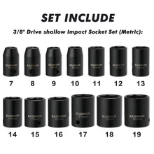 Load image into Gallery viewer, CASOMAM 13 Pieces 3/8-Inch Drive Impact Socket Set, 6-Point, Metric, Shallow, CR-V, 7mm to 19mm, Heavy Duty Blow Molded Storage Case
