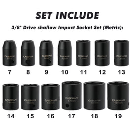 CASOMAN 13-Piece 3/8-Inch Drive Shallow Impact Socket Set, 6-Point, Metric 7–19 mm, CR-V, Storage Case