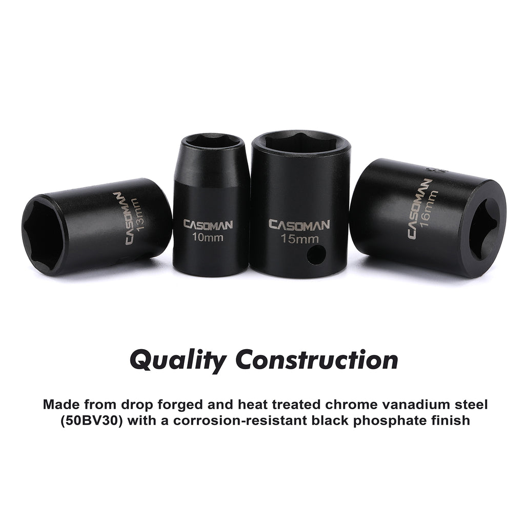 CASOMAM 13 Pieces 3/8-Inch Drive Impact Socket Set, 6-Point, Metric, Shallow, CR-V, 7mm to 19mm, Heavy Duty Blow Molded Storage Case