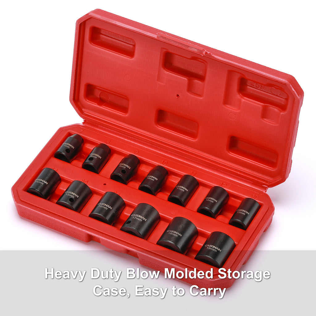 CASOMAM 13 Pieces 3/8-Inch Drive Impact Socket Set, 6-Point, Metric, Shallow, CR-V, 7mm to 19mm, Heavy Duty Blow Molded Storage Case