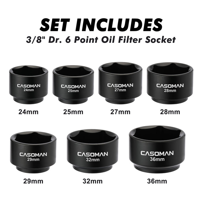 CASOMAN 7 Pieces 3/8" Drive Low Profile Oil Filter Socket Set, Oil Filter Cap Remover and Installer Tool Set, 6 Point, 24mm, 25mm, 27mm, 28mm, 29mm, 32mm, 36mm, CR-V