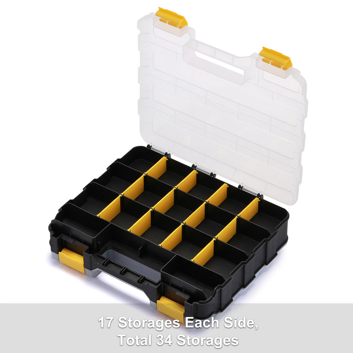 CASOMAN Double Side Tool Organizer with Impact Resistant Polymer and Customizable Removable Plastic Dividers, Hardware Box Storage, Excellent for Screws,Nuts,Small Parts, 34-Compartment, Black/Yellow