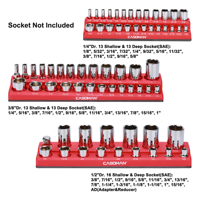 CASOMAN 3PCS 1/4-Inch, 3/8-Inch, 1/2-Inch Magnetic Socket Organizer, Red Color, Magnetic Socket Holder, Holds 68 SAE Sockets, Socket Not Included