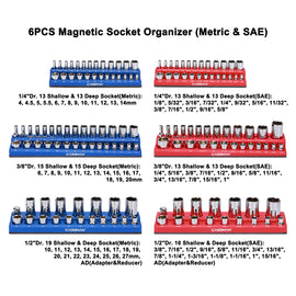 CASOMAN Magnetic Socket Organizer, 6 Piece Socket Holder Kit, 1/2-inch, 3/8-inch, 1/4-inch Drive, Holds 143 SAE&Metric Sockets, Red & Blue, Professional Quality Tools Organizer