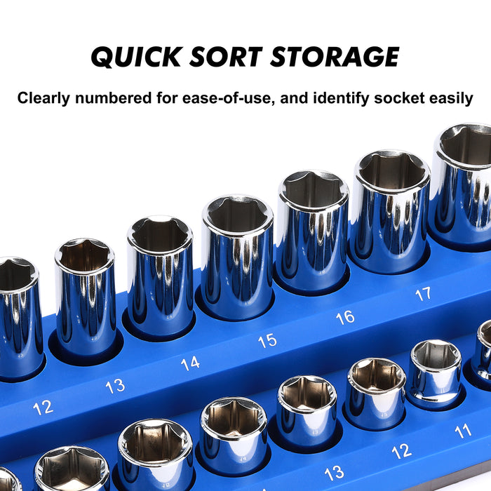 CASOMAN Magnetic Socket Organizer, 6 Piece Socket Holder Kit, 1/2-inch, 3/8-inch, 1/4-inch Drive, Holds 143 SAE&Metric Sockets, Red & Blue, Professional Quality Tools Organizer