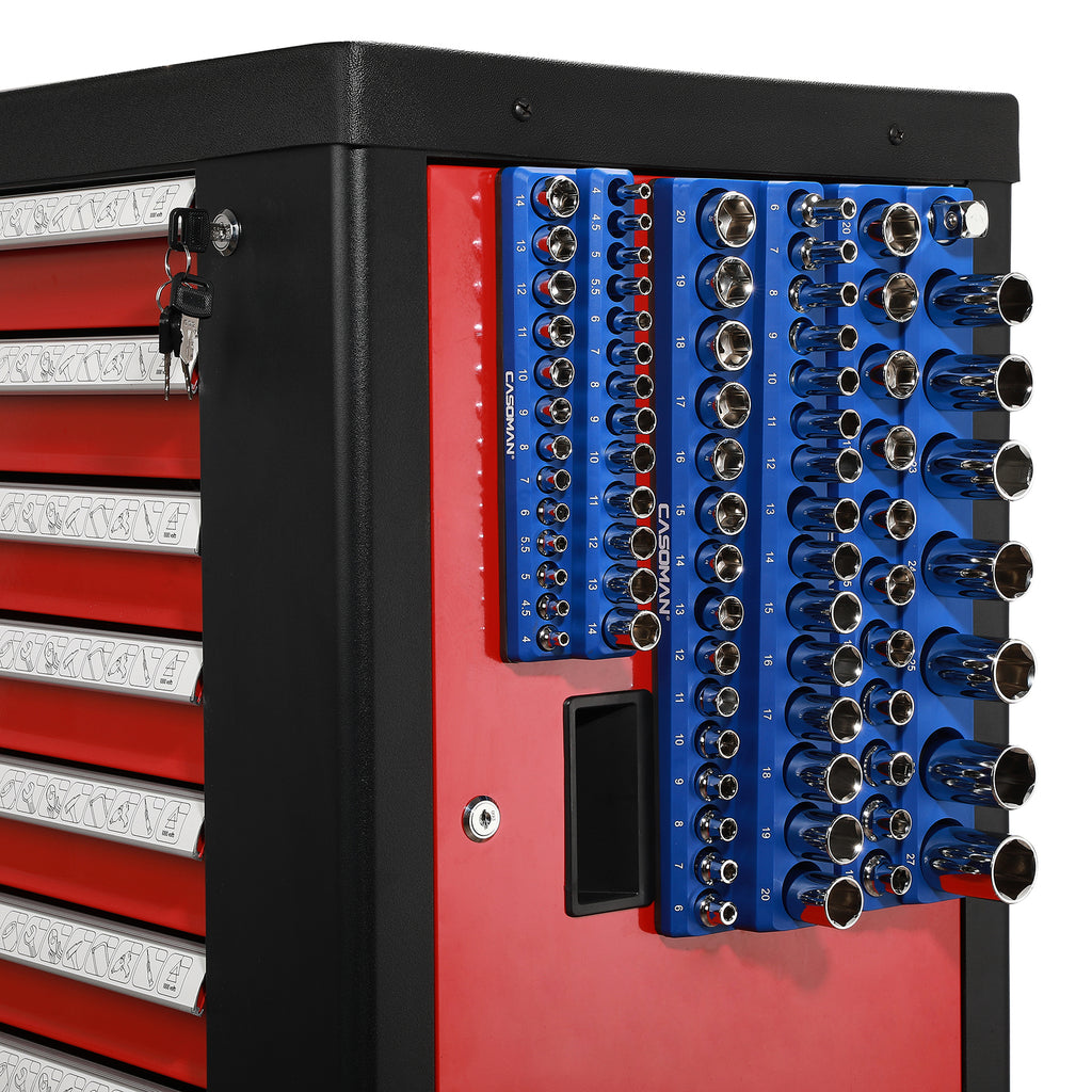 CASOMAN Magnetic Socket Organizer, 6 Piece Socket Holder Kit, 1/2-inch, 3/8-inch, 1/4-inch Drive, Holds 143 SAE&Metric Sockets, Red & Blue, Professional Quality Tools Organizer