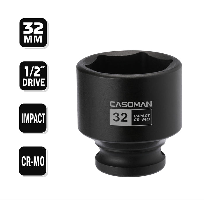 CASOMAN 1/2" Drive x 32 mm Shallow Impact Socket, CR-MO, 1/2-inch Drive 6 Point Axle Nut Socket for Easy Removal of Axle Shaft Nuts (32MM)